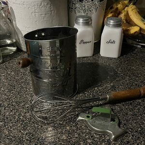 Vintage Baking Trio – Bromwell Sifter, Bonny Whisk, Chick Cookie Cutter